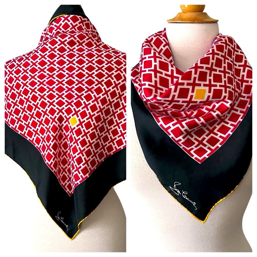 Vintage Jean Casanave Red Black Gold Square Silk Scarf Handrolled